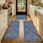 JTJ Dark Blue Kitchen Rugs Set of 3, Non Slip Washable Runner Mats, Vintage by JTJ