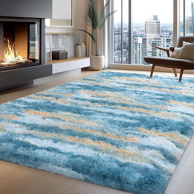 Fluffy Rugs for Living Room, 6x9 Feet Abstract Blue Large Shag Area Rugs for by WISHTREE