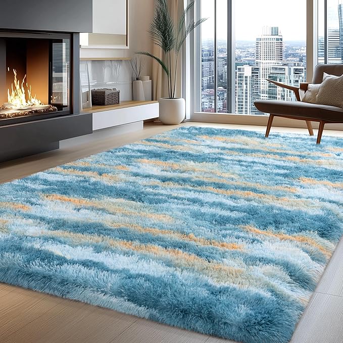 Fluffy Rugs for Living Room Bedroom, 5x7 Feet Abstract Blue Shag Area Rugs by WISHTREE
