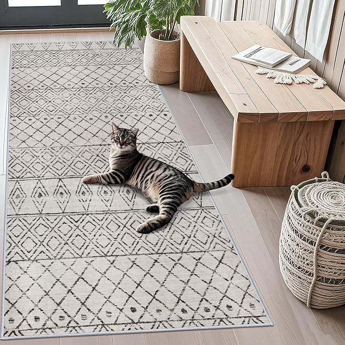Geo Grey 3x6 Washable Non Slip Moroccan Runner Rug | Soft Low Pile Indoor Floor by BYYVOORugsforYourHome