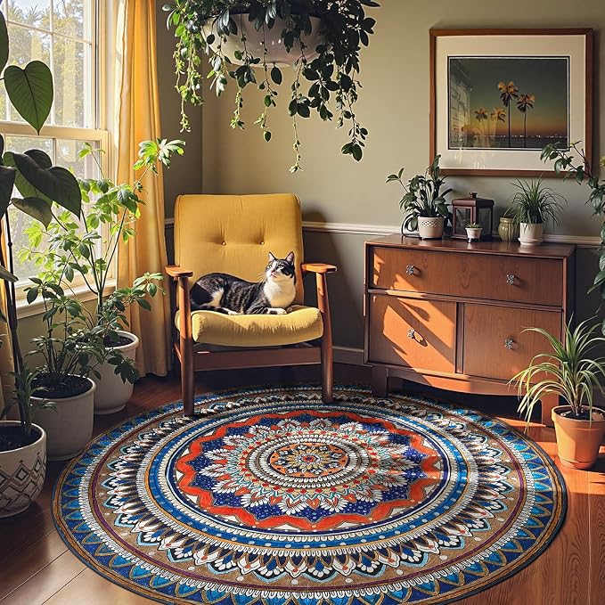 jinchan Mandala Round Rug 6ft Blue Rustic Boho Washable Rug Tribal 6' Round - Image 2