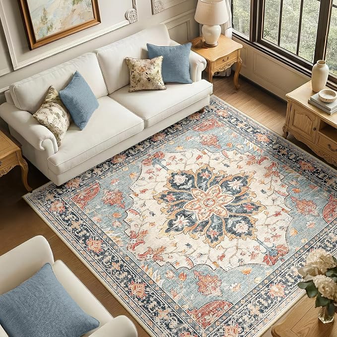RELEANY Area Rugs Square 6ft Washable Non-Slip, Floral Vintage Distress by RELEANY