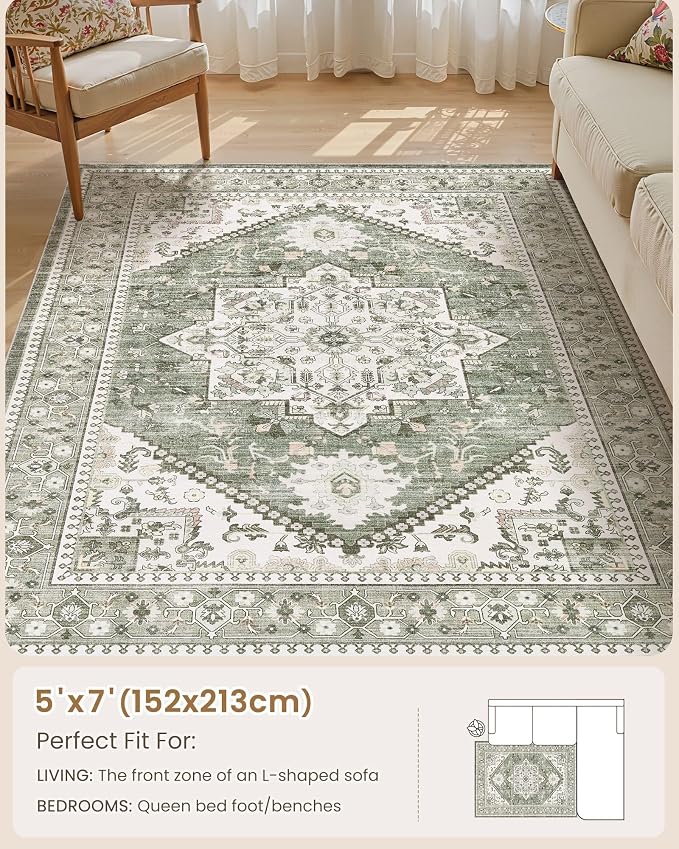 5x7 Vintage Area Rug: Washable Neutral Soft Non Slip Thin Large Floor Carpet - Image 8