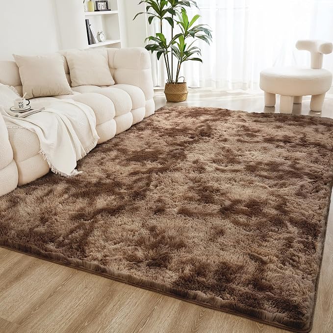 Litanika 9x12 Shag Area Rug for Living Room Bedroom, Tie-Dyed Brown High Pile by Litanika