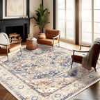 CHAMPLANT Washable Area Rug 9'x12' Blue Khaki Retro Flowers Boho Design by CHAMPLANT