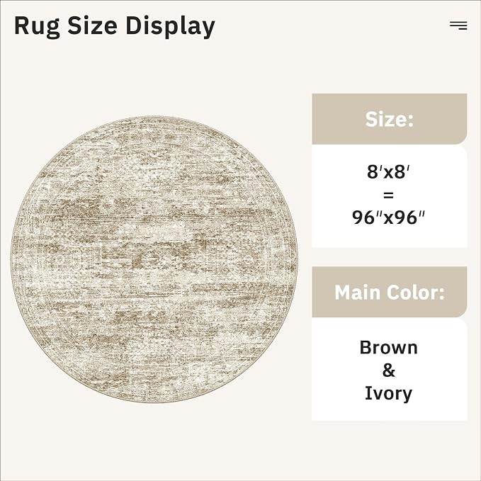 Soalmost 8ft Round Rug Brown/Ivory, Living Room Circle Rug Vintage Round Area - Image 5