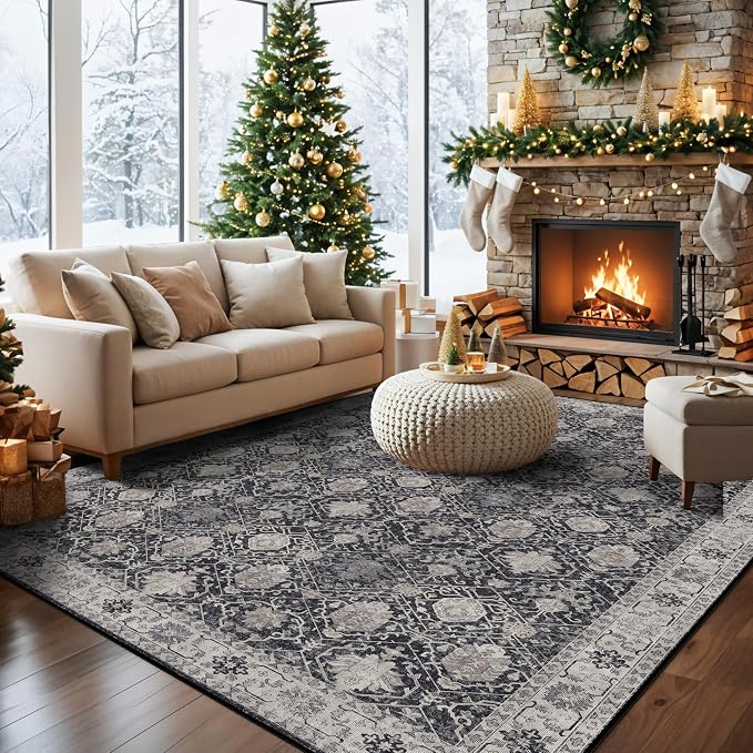 Washable 8x10 Living Room Rug: Vintage Low Pile Water Resistant Area Rug by HYHAOYUNLAI