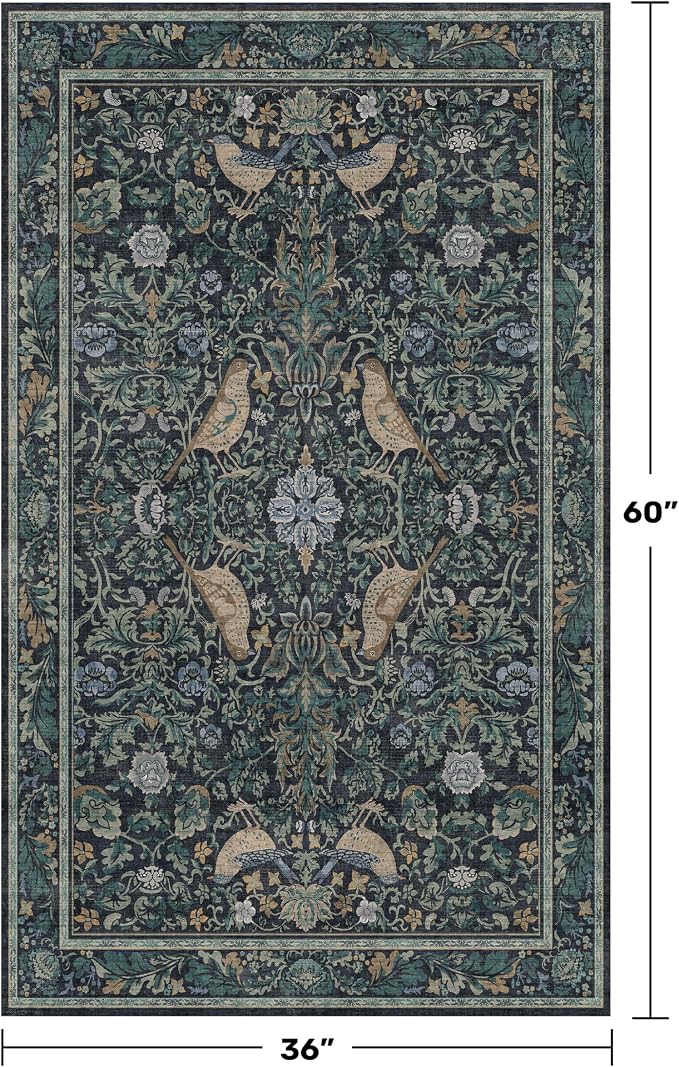Vintage Large Entryway Rugs Indoor, 3x5 Washable Blue and Green Floral Rugs - Image 2