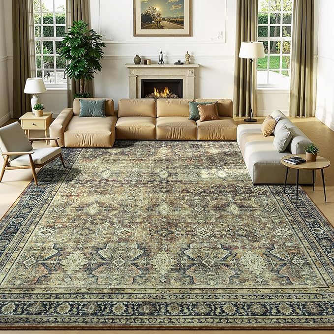 Lessymo Washable Area Rug for Living Room, 8x10 Dark Brow Large Rugs by Lessymo