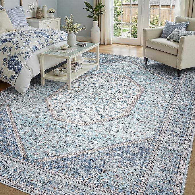 DCX Machine Washable Blue and Beige Area Rug 6x9, Non Slip Stain Resistant - Image 2
