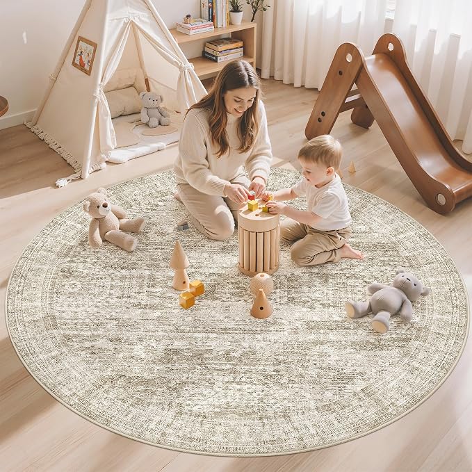 Soalmost 6x6 Brown Round Rug 6ft Living Room Circle Rug Vintage Round Area Rug - Image 3
