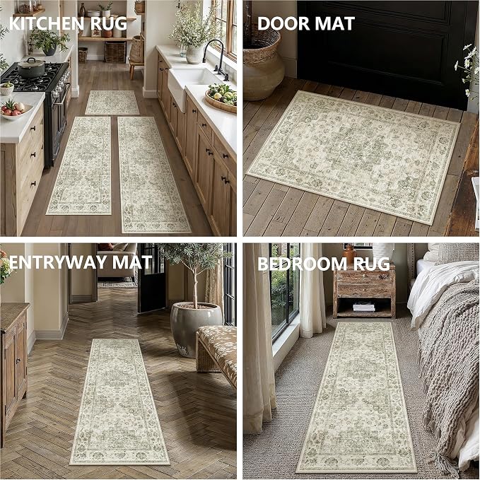 Neutral Kitchen Rug Set of 3 Washable Taupe Vintage Kitchen Mats - Image 9