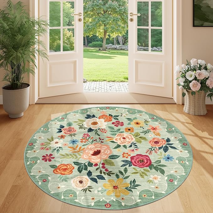 DUKINO Floral Round Rug, 4ft Washable Round Area Rug, Non Slip Indoor Low Pile - Image 5
