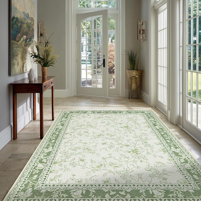Green and Cream Area Rug 3x5 for Entryway Machine Washable Small Rug for Indoor - Image 9