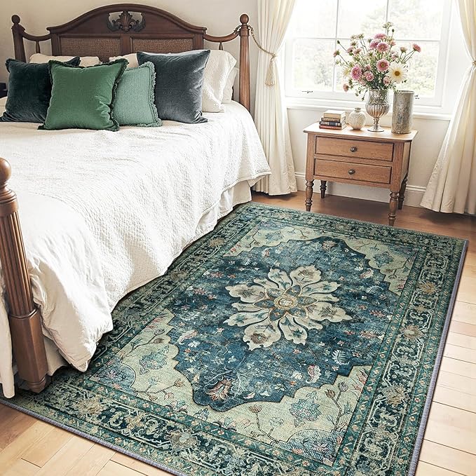 RELEANY Area Rugs 4'x6' Washable Non-Slip, Floral Vintage Distress Medallion - Image 2