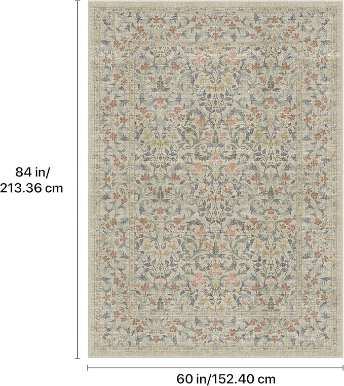 GENIMO 5x7 Washable Area Rug, Non-Slip Vintage Boho Floral Carpet, Soft - Image 2