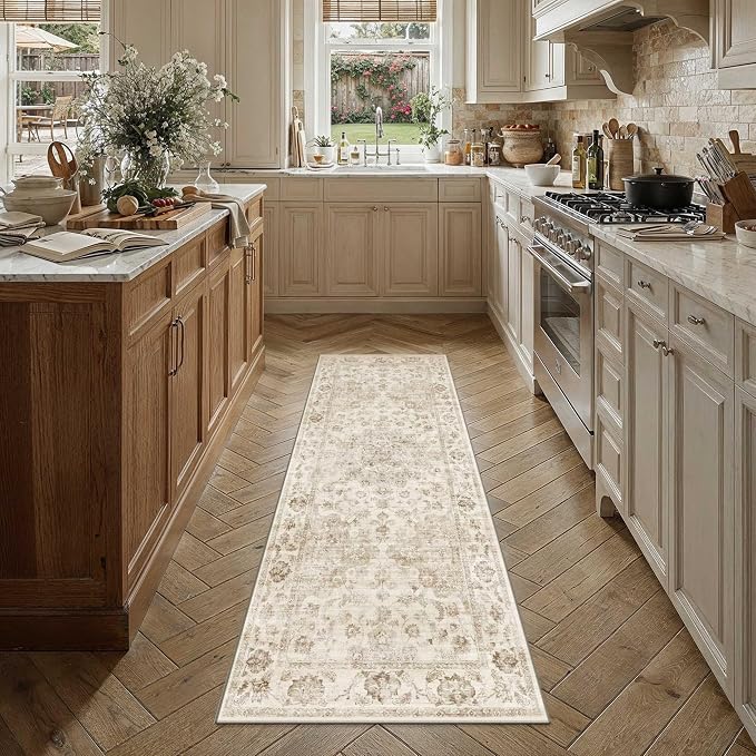 Neutral Kitchen Rug Set of 3 Washable Beige Vintage Kitchen Mats - Image 2