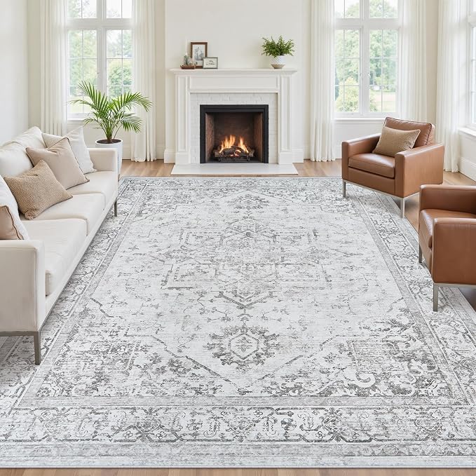 9x12 Area Rugs for Living Room:Gray Washable Vintage Medallion Rug Non-Slip - Image 3