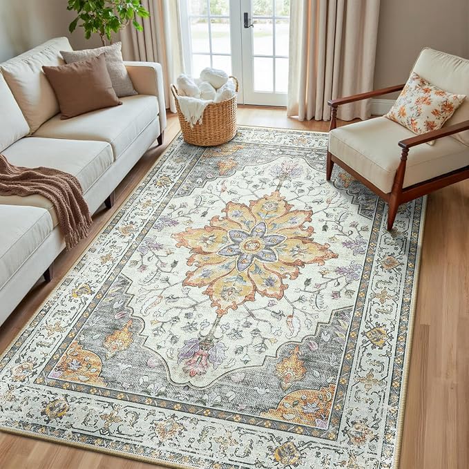 RELEANY Area Rugs 5'x8' Washable Non-Slip, Floral Vintage Distress Medallion by RELEANY