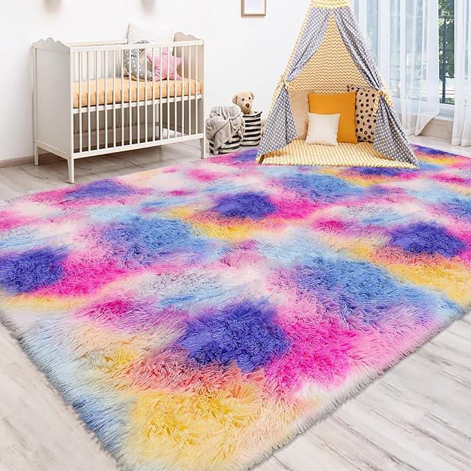 Dark Rainbow Rug for Kids Room 6x9 Cute Fluffy Kids Area Rugs for Bedroom Girls by TENNOLA