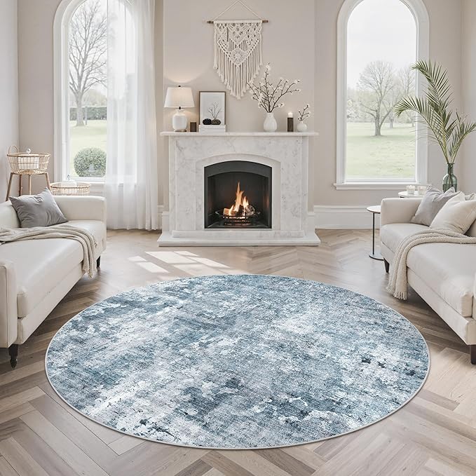Soalmost 5x5 Blue/Grey Round Rug 5ft Living Room Circle Rug Vintage Round Area - Image 4