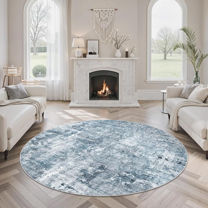 Soalmost 6x6 Blue/Grey Round Rug 6ft Living Room Circle Rug Vintage Round Area by Soalmost