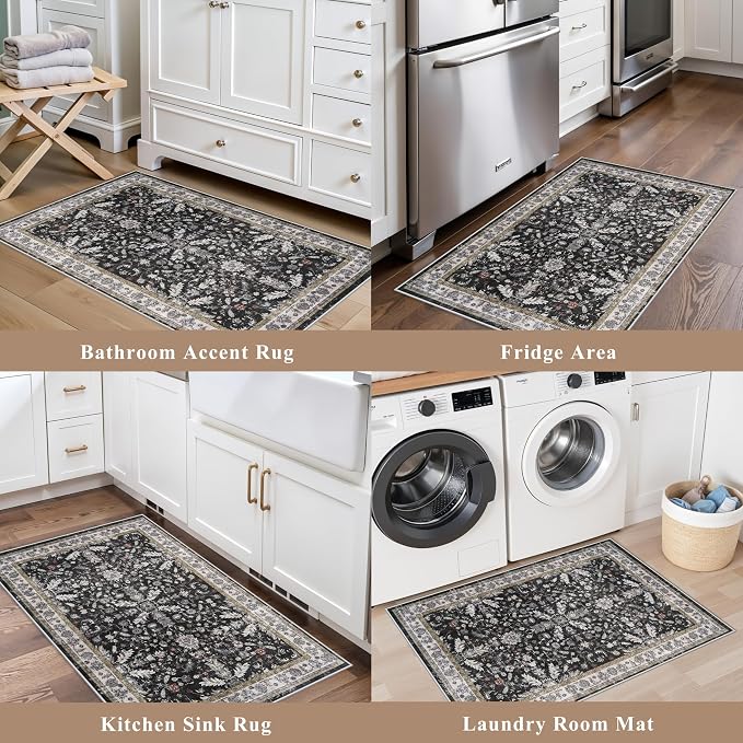Kitchen Rugs Set of 2 Washable Non Slip – Soft Low Pile Boho Floral Decorative - Image 4