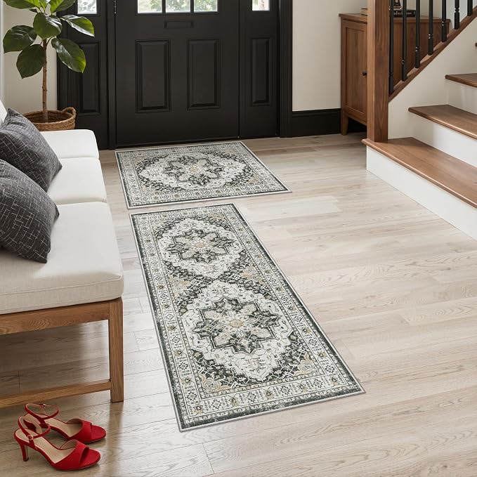 Madane 2-Piece Kitchen Runner Rug Set, Small Area Rug Non-Slip Vintage Door Mat by Madane