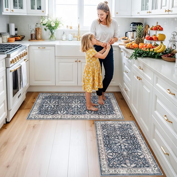 Kitchen Mats Set of 2 Washable Non-Slip – Soft Low Pile Boho Decorative Runner - Image 3