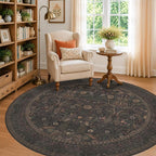 Brown Floral 6ft Round Rug for Living Room Kitchen Dining Room Under Table by Evyhood