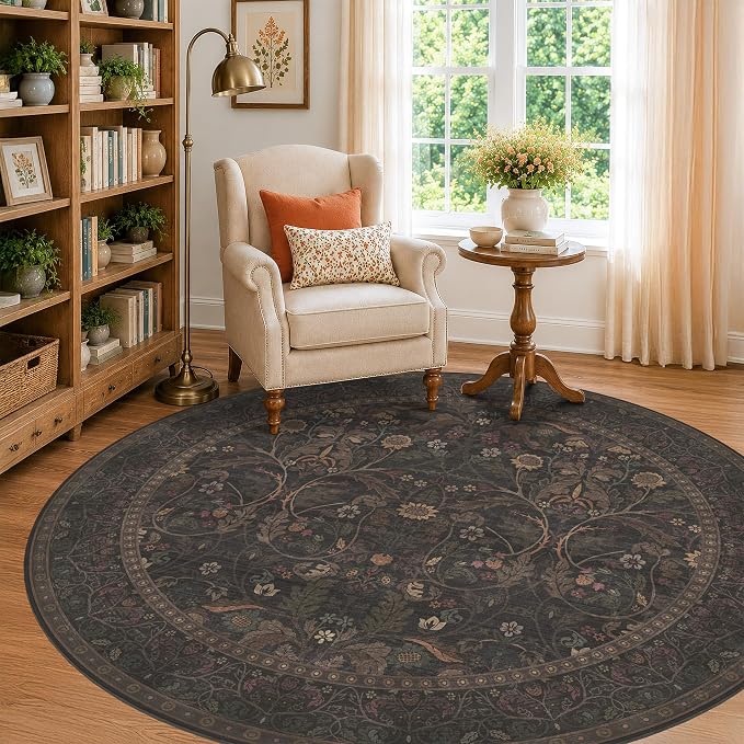 Brown Floral 6ft Round Rug for Living Room Kitchen Dining Room Under Table by Evyhood