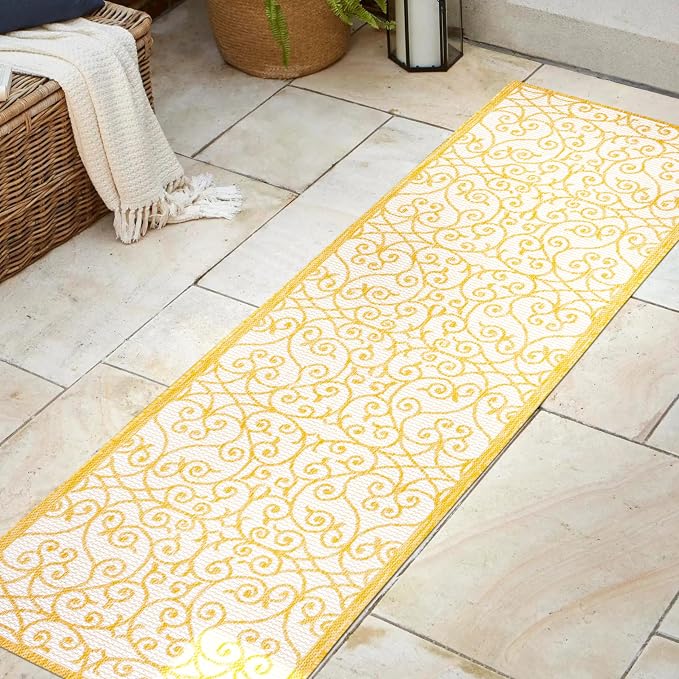 JONATHAN Y Vintage Filigree Indoor Outdoor Runner Rug 2X8 Cream/Yellow - Image 3