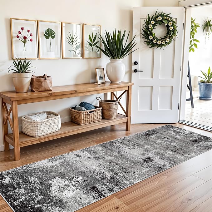 2x8 Washable Hallway Runner Rug – Non-Slip Modern Abstract Neutral Low-Pile - Image 3
