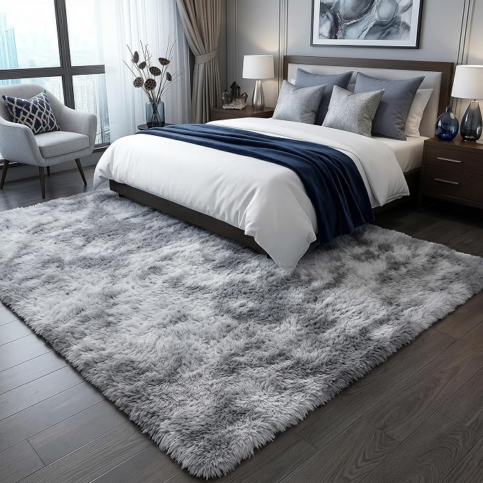 ONASAR 6x9 Area Rugs for Living Room, Large Tie-Dyed Light Grey Fluffy Shag Rug - Image 5