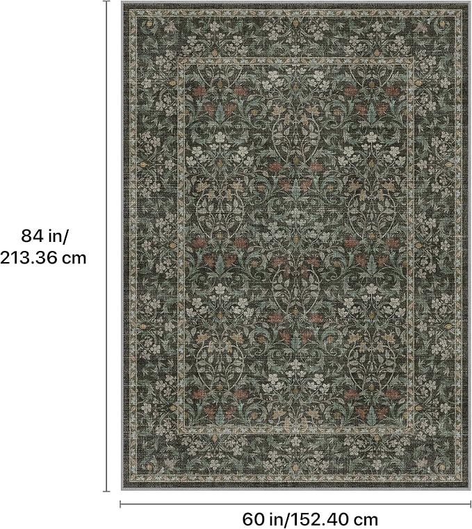 GENIMO 5x7 Washable Area Rug, Non-Slip Vintage Boho Floral Carpet, Soft - Image 2