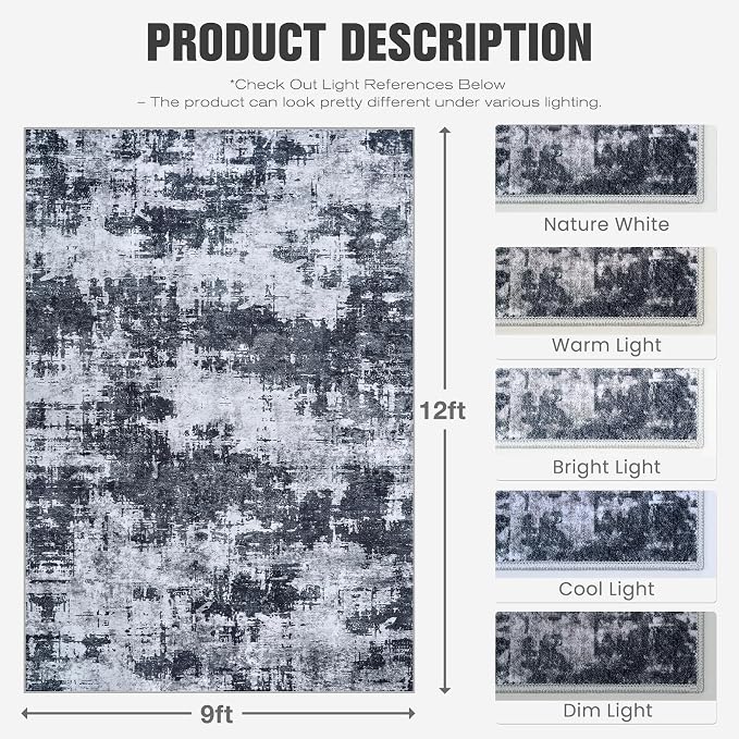 9x12 Area Rugs for Living Room Washable: Abstract Soft Thin Low Pile Black Rug - Image 2