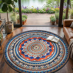 jinchan Mandala Round Rug 6ft Blue Rustic Boho Washable Rug Tribal 6' Round by JINCHAN