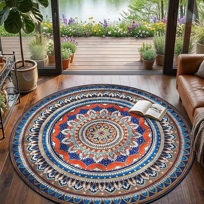 jinchan Mandala Round Rug 6ft Blue Rustic Boho Washable Rug Tribal 6' Round by JINCHAN