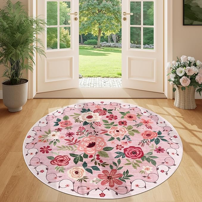 DUKINO Floral Round Rug, 4ft Washable Round Area Rug, Non Slip Indoor Low Pile - Image 5