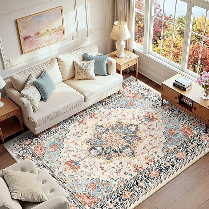 RELEANY Area Rugs 6'x9' Washable Non-Slip, Floral Vintage Distress Medallion by RELEANY