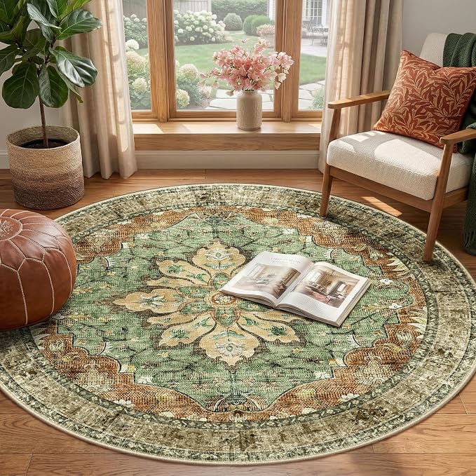 RELEANY Area Rugs Round 4ft Washable Non-Slip, Floral Vintage Distress - Image 2
