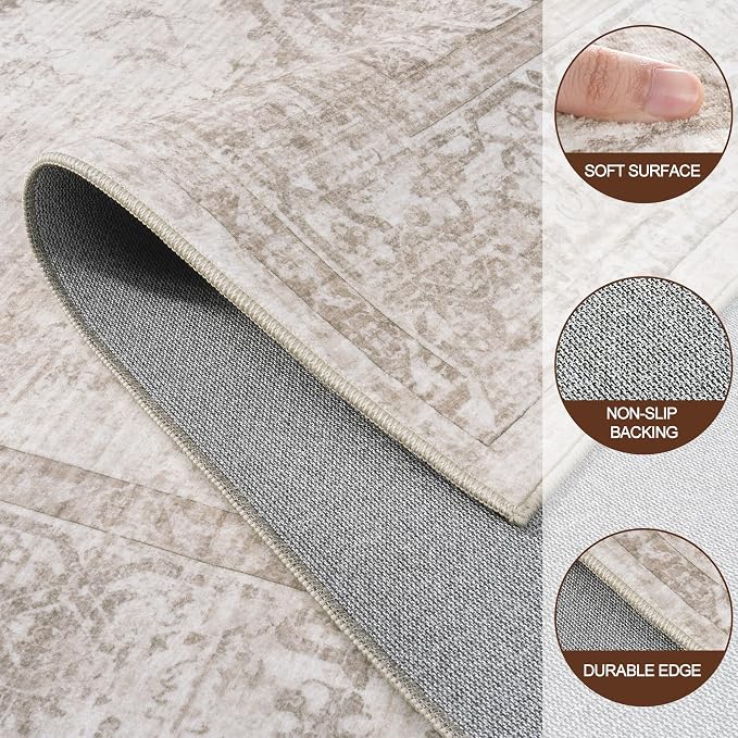 5x7 Area Rugs for Living Room:Beige Washable Vintage Medallion Carpet Non-Slip - Image 8