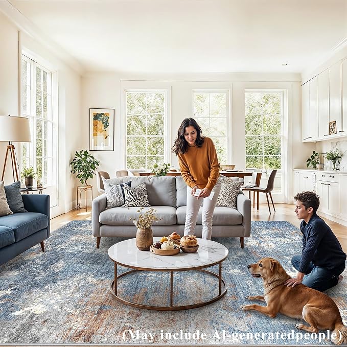 Washable Area Rug 9x12 Living Room – Neutral Modern Abstract Large Carpet - Image 3