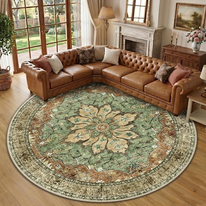 RELEANY Area Rugs Round 10ft Washable Non-Slip, Floral Vintage Distress by RELEANY