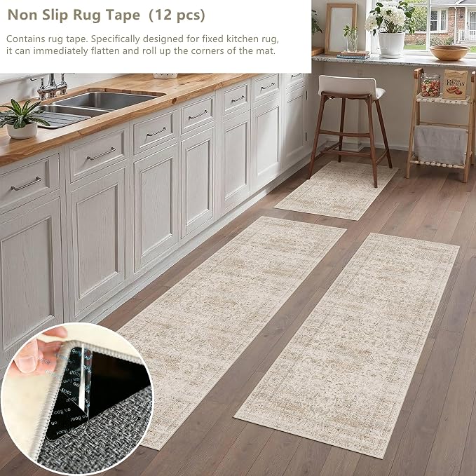 Vintage Kitchen Rug Set of 3 Washable Beige Kitchen Mats - Image 5