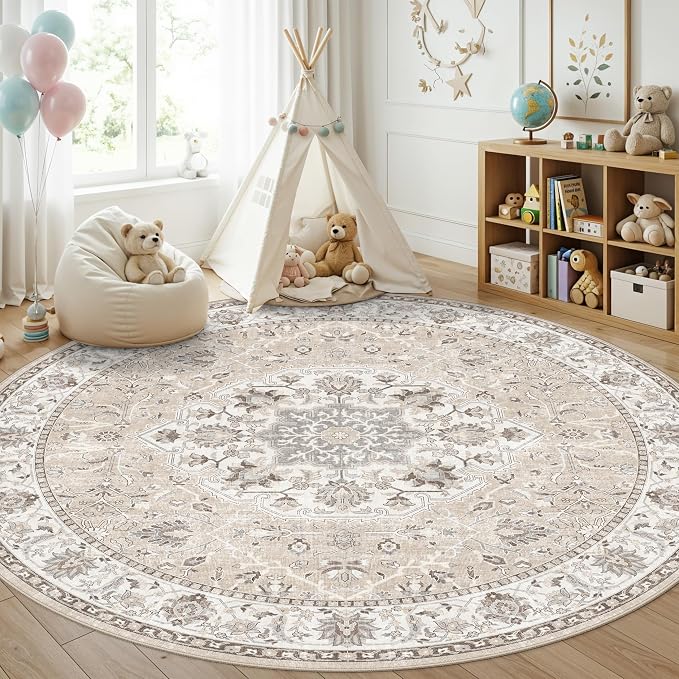 Washable 6ft Circle Round Rug: 6x6 Low-Pile Circular Rug by HYHAOYUNLAI