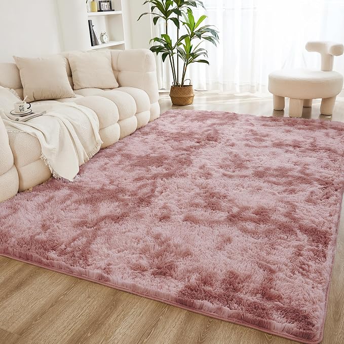 Litanika 4x6 Shag Area Rug for Living Room Bedroom, Tie-Dyed Dusty Pink High by Litanika
