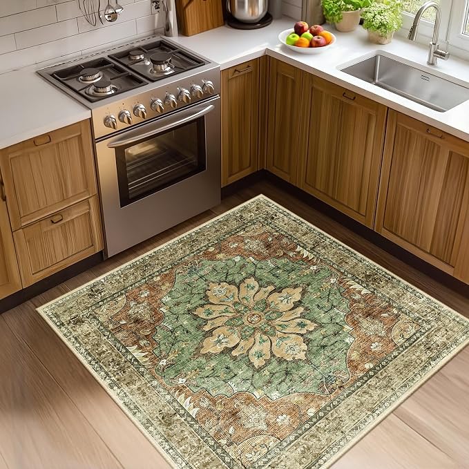 RELEANY Area Rugs Square 4ft Washable Non-Slip, Floral Vintage Distress by RELEANY