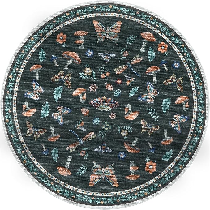 Mushroom Insect 4ft Round Rug Washable Non-Slip Soft Ultra-Thin Small Boho - Image 4