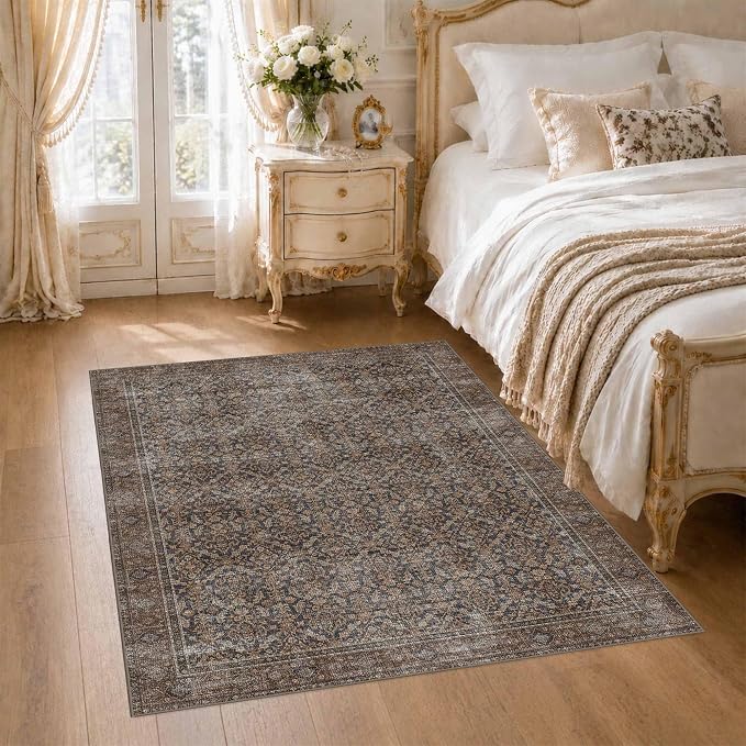 Latte&Fog 3x5 Entryway Rug, Vintage Brown Washable Area Rug, Boho Non Slip Low - Image 2